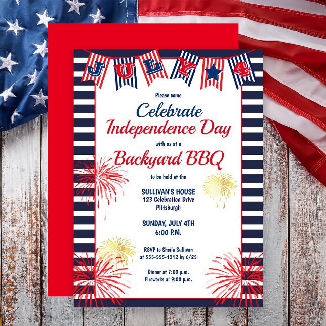 Convite Dia da Independência 4 de julho CHURRASCO do Quint (Independence Day July 4th Bunting Backyard BBQ Invitation)