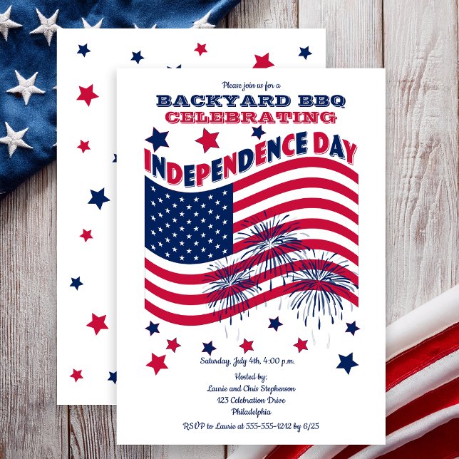Convite Dia da Independência Festa 4 de julho - Bandeira d (Backyard BBQ Celebrating Independence Day Waving Flag and Fireworks Party Invitation - Print | Digi)
