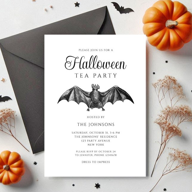 Convite Dia das Bruxas do Festa do Chá Gótica Negra Elegan (Elegant Black Gothic Bat Tea Party Halloween Invitation)