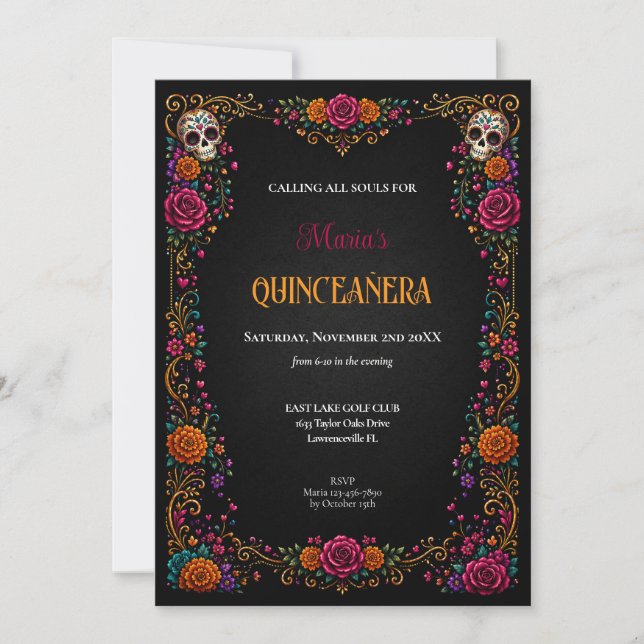 Convite Dia das Caveiras de Açúcar Tema Quinceanera (Frente)