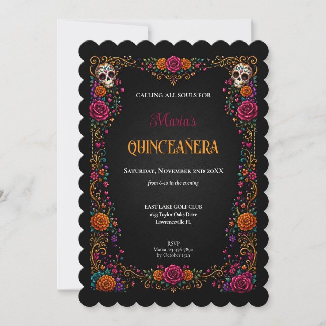 Convite Dia das Caveiras de Açúcar Tema Quinceanera (Frente)