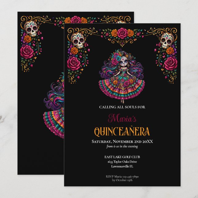 Convite Dia das Caveiras de Açúcar Tema Quinceanera (Frente/Verso)