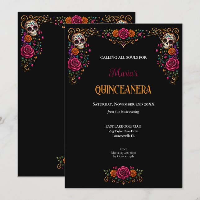 Convite Dia das Caveiras de Açúcar Tema Quinceanera (Frente/Verso)