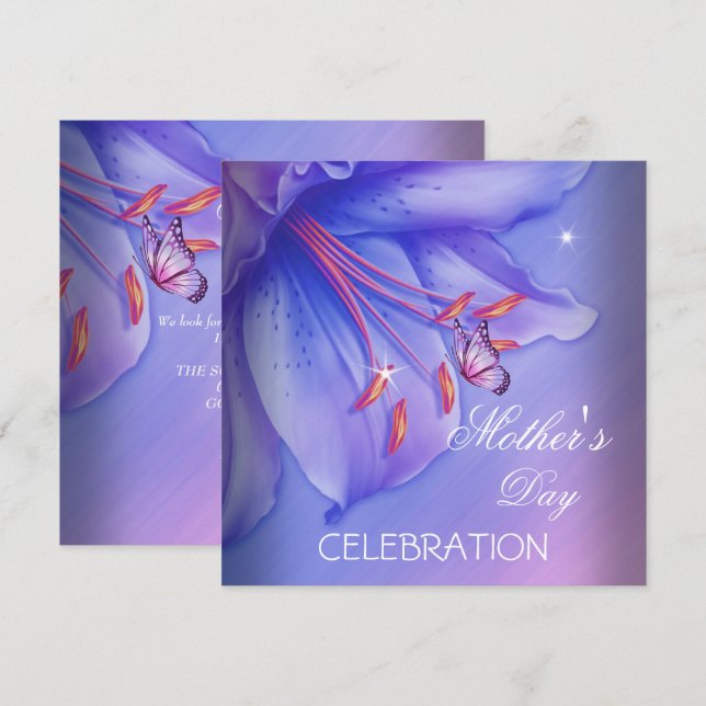 Convite Dia das Mães Lilás Rosa Borboleta Flores (Frente/Verso)