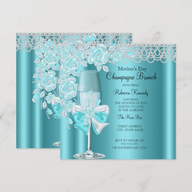 Convite Dia das Mães Pretty Teal Rose Champagne Brunch 2B (Frente/Verso)