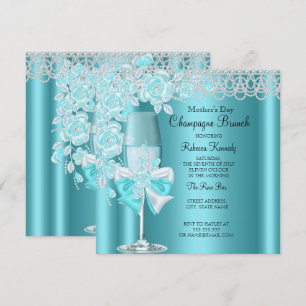 Convite Dia das Mães Pretty Teal Rose Champagne Brunch 2B