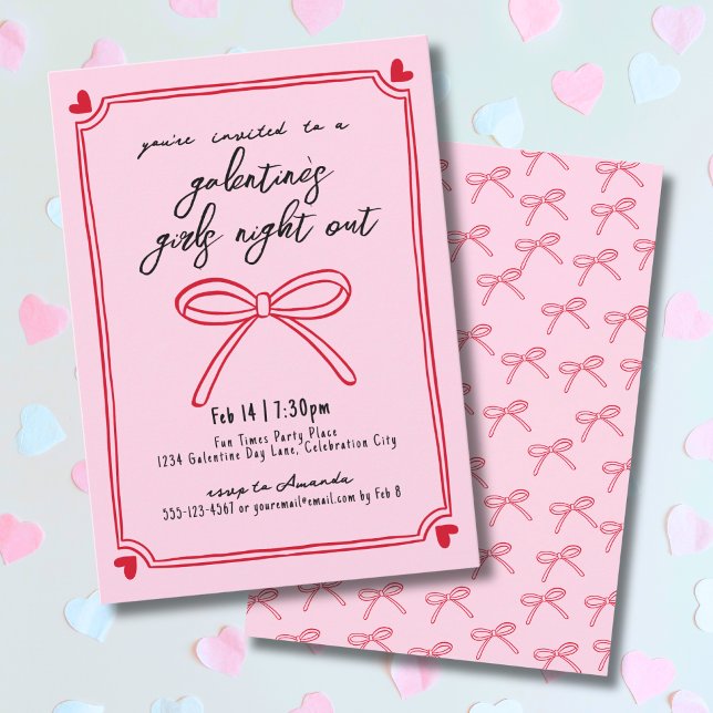 Convite Dia das Meninas Rosa Noturno E Galentina Vermelha (Girls Night Pink And Red Galentine's Day Invitation)