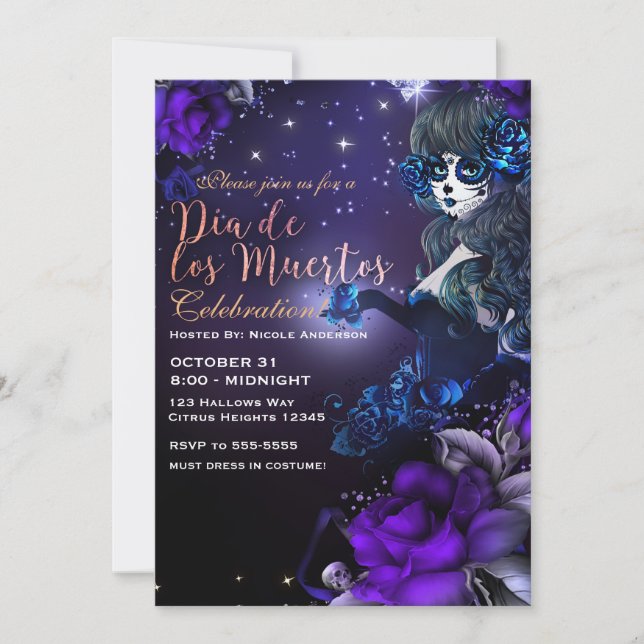 Convite Dia das Morte Roxo Azul Dia de los Muertos (Frente)