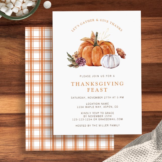 Convite Dia de Ação de Graças do Abóbora (Rustic fall pumpkin Thanksgiving dinner party invite, watercolor autumn florals by Painted Paper)