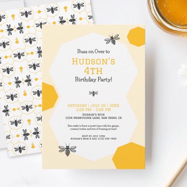 Convite Dia de Aniversário da Festa do Bumblebee Amarelo F (Cute Yellow Honeycomb Bee Day Birthday Party Invitation)