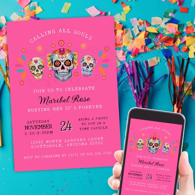 Convite Dia de Aniversário dos Mortos - Pingos de Açúcar R (Hot pink dia de los muertos sugar skulls birhtday party invitations for mexican hispanic heritage)