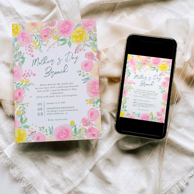 Convite Dia de as mães de aquarela floral de jardim amarel (Criador carregado)