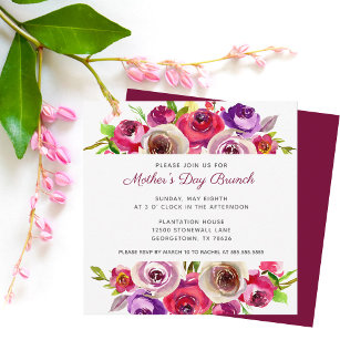 Convite Dia de as mães de Aquarela Floral Rosa Elegante Br