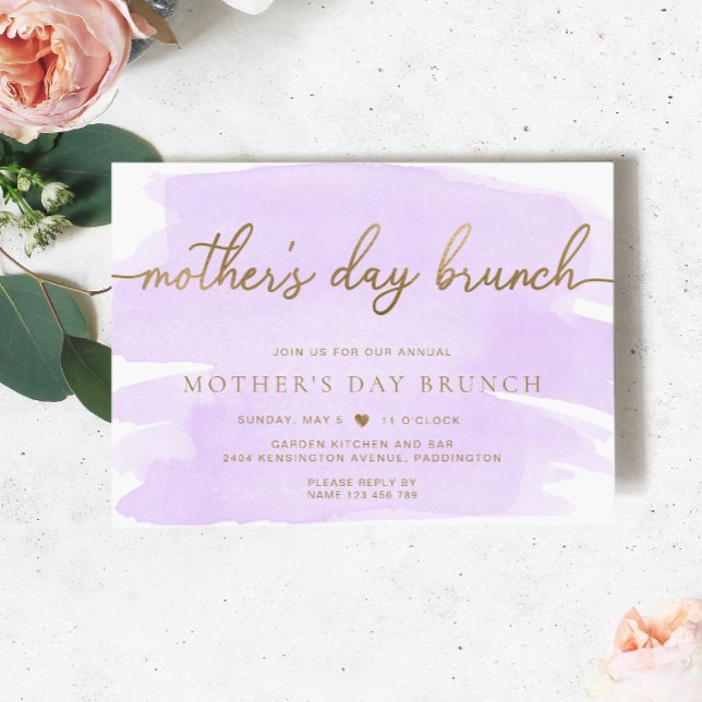 Convite Dia de as mães de Aquarela Purple Lilac Brunch (Mothers Day Brunch Invitation Purple Watercolour Gold )