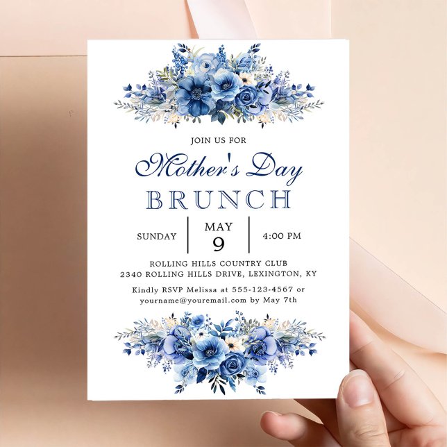 Convite Dia de as mães Floral Azul Partido Brunch (Criador carregado)