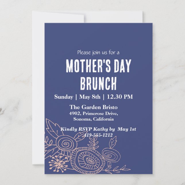 Convite Dia de as mães Floral Azul Simples Brunch (Frente)