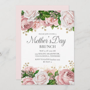 Convite Dia de as mães Floral Dourado Cor-de-Rosa Esbranqu