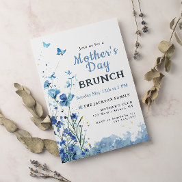 Convite Dia de as mães Floral Elegante Blue Watercolor Bru