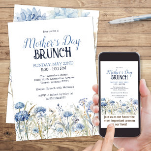 Convite Dia de as mães Floral Elegante Blue Watercolor Bru
