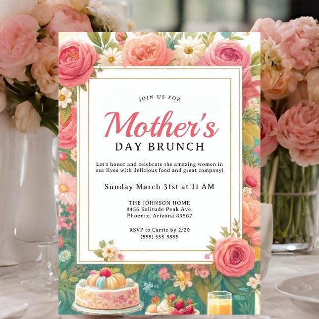 Convite Dia de as mães Floral Primavera charmoso Brunch (Mother's Day Brunch invitation.)