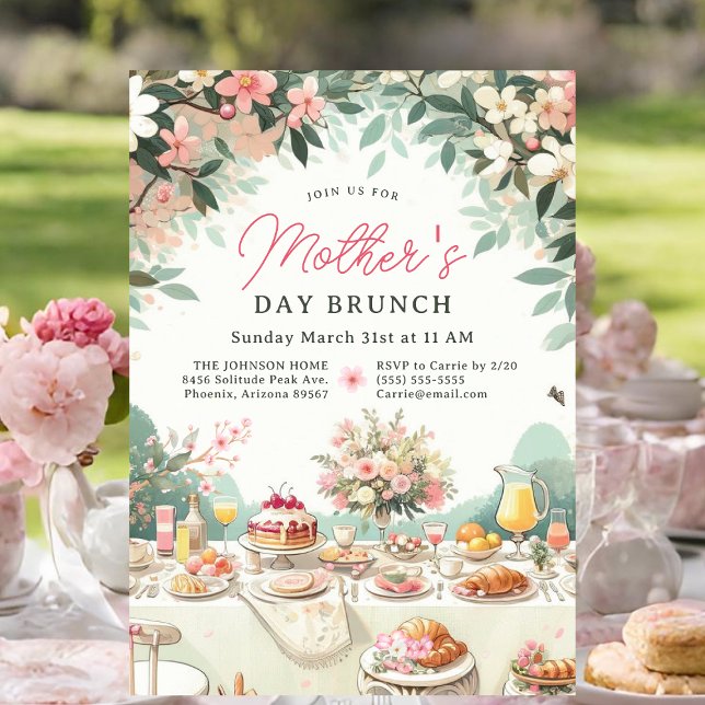 Convite Dia de as mães Floral Primavera charmoso Brunch (Mother's Day Brunch Invitation.)