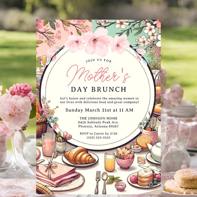 Convite Dia de as mães Floral Primavera charmoso Brunch (Mother's Day Brunch Invitation.)