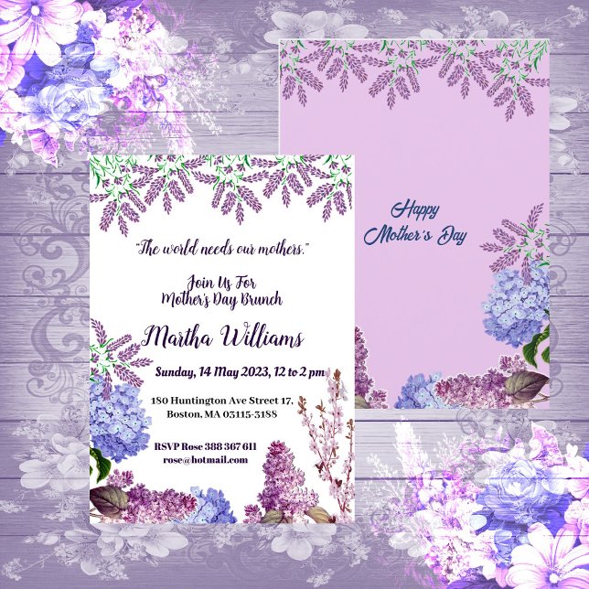 Convite Dia de as mães Lilac Hydrangea Pastel Azul Suave (Soft Blue Pastel Bud Lilac Hydrangea Mother's Day Invitation)