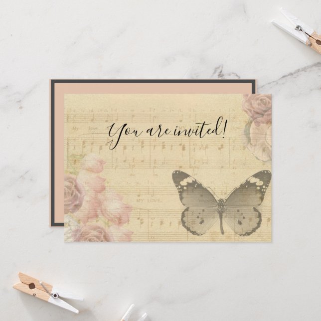 Convite Dia de as mães Old Sheet Music Score Rosa Butfly (Frente/Verso In Situ)