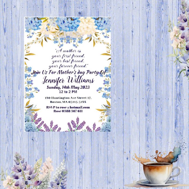 Convite Dia de as mães Pastel Azul Pequenas Flores Florais (Mother's Day Pastel Blue Little Flower Buds Floral Invitation)