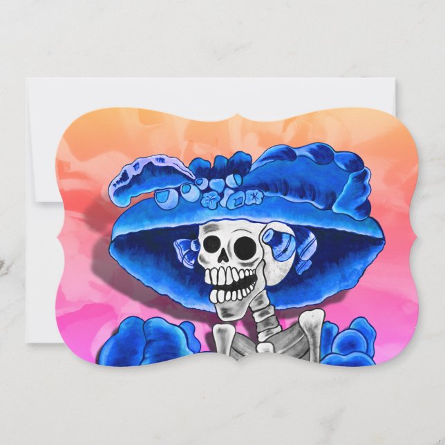 Convite Dia de los Muertos Caveira com Chapéu Azul (Frente)