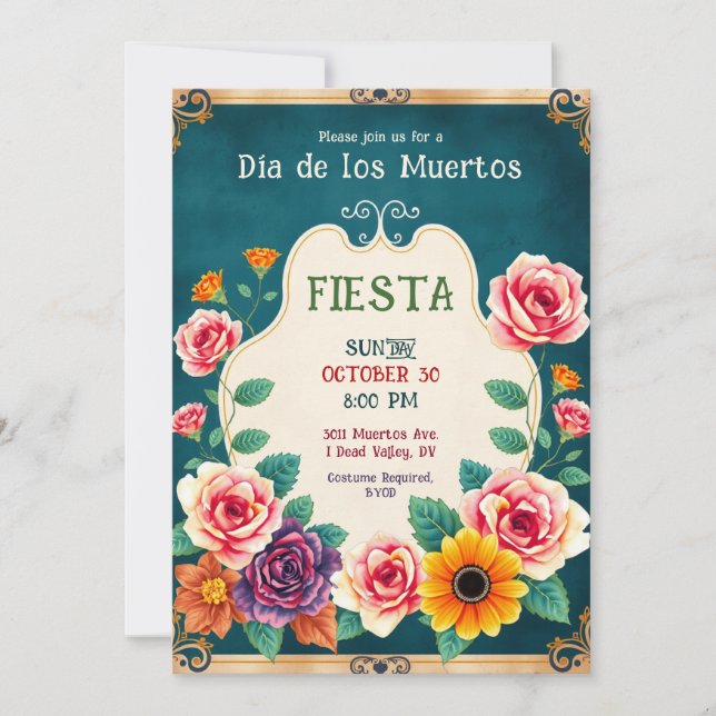 Convite 💀🎉Dia de los Muertos Dourado e Extinto: (Frente)