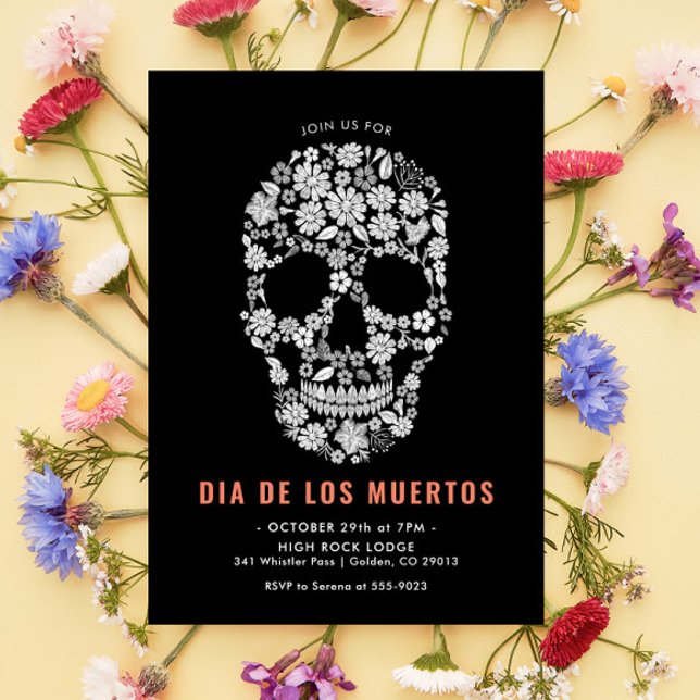 Convite Dia de los Muertos Sugar Crânio Negro Floral (Criador carregado)