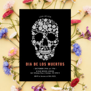 Convite Dia de los Muertos Sugar Crânio Negro Floral Invi