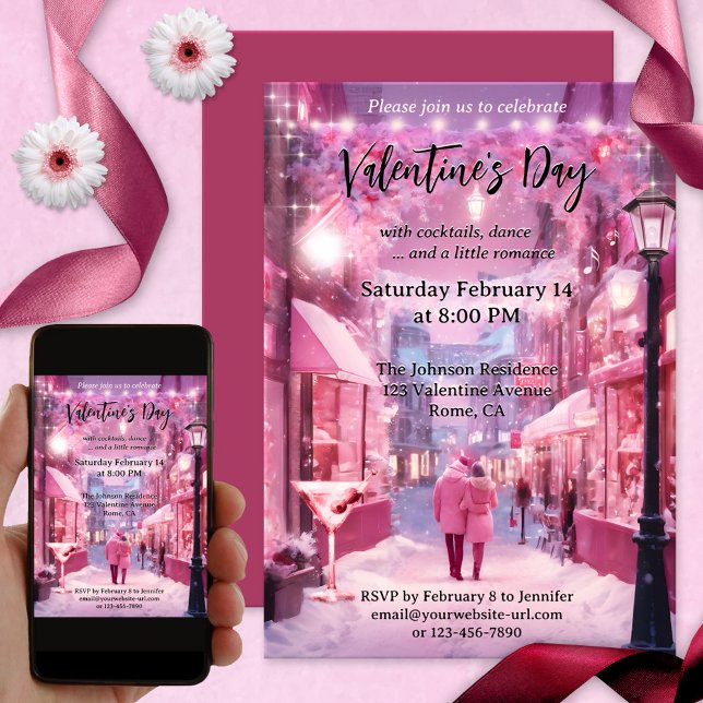 Convite Dia de os namorados rosa-rosa-doce (A sweet Valentine's Day party invitation featuring a couple in love in a pink fantasy world)