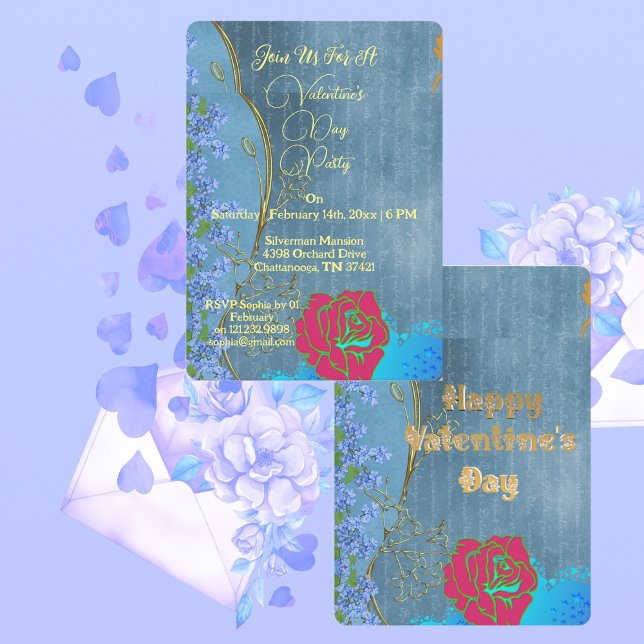 Convite Dia de os namorados Rosa Rosa Rosa Rosa Rosa Russo (Rustic Pink Rose Valentine's Day Party Blue Floral Invitation)
