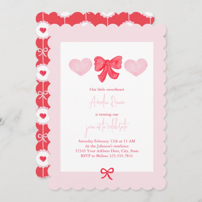 Convite Dia de os namorados Sweetheart Primeiro Aniversári (Frente/Verso)