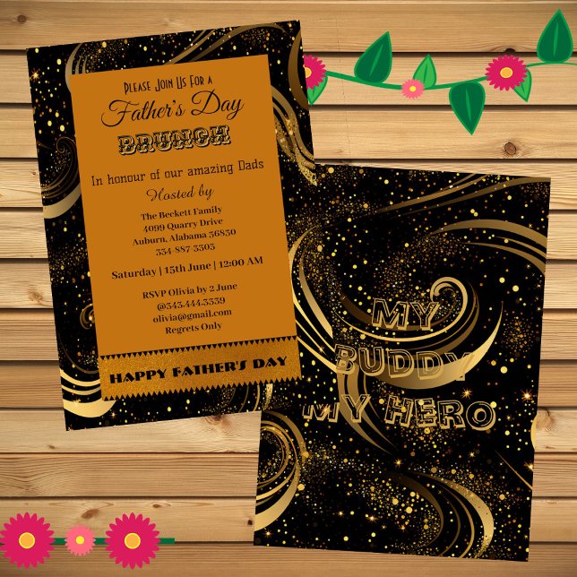 Convite Dia de os pais Brunch Dourado Curls Leafy Swirls P (Father's Day Brunch Gold Curls Leafy Swirls Party Invitation)