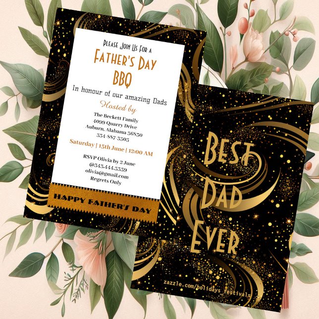 Convite Dia de os pais Dourado Folheto Nadou Festa de Cara (Father's Day Gold Leafy Swirls Fun Curls BBQ Party Invitation)