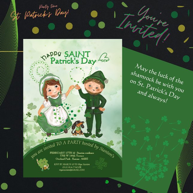 Convite DIA DE SÃO PATRÍCIO Dançando Leprechauns desenhado (ST PATRICKS DAY Dancing Leprechauns hand drawn Invitation )