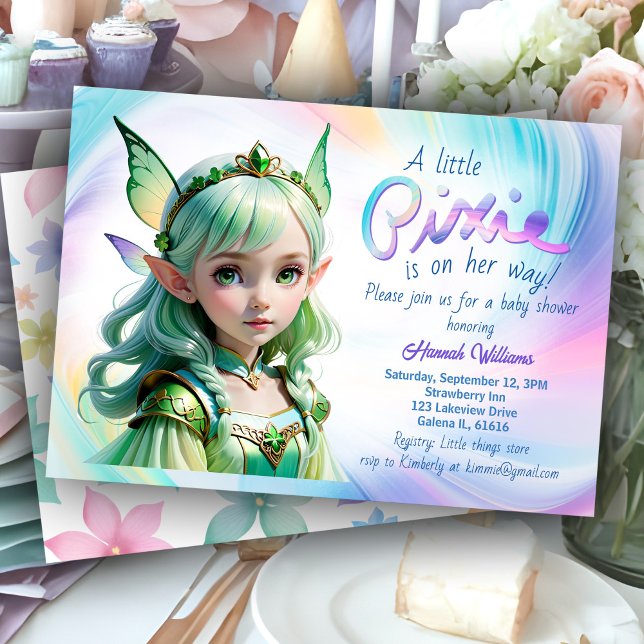 Convite Dia de São Patrício Leprechaun Girl Celtic (St. Patrick's Day rainbow baby shower invitation with cute Celtic girl in green Irish fairy dress)