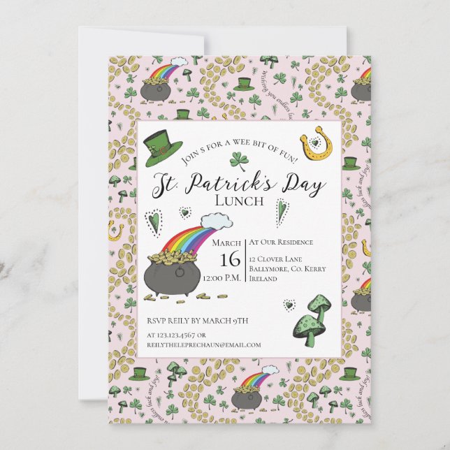 Convite Dia de São Patrício rosa e verde do almoço Dourado (Frente)
