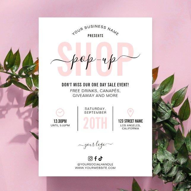 Convite Dia do Mercado de Folheto do Marketing de Pop Mode (Feminine pink and white Pop-Up Shop invitation with fully editable text & colors)
