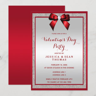 Convite Dia do Namorados Ruby Red & Silver Glitter Elegant