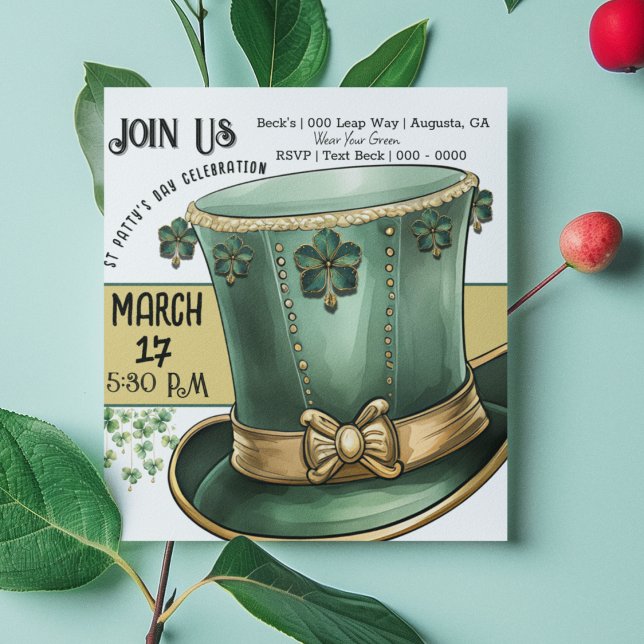Convite Dia do Paddy, Rua do Chapéu Superior do Leprechaun (St Paddy's Day customizable invitation featuring a cute top hat and fun jeweled shamrocks)