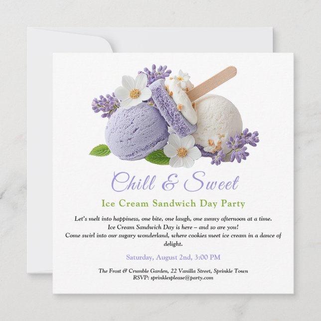 Convite Dia do Sanduíche de Sorvete de Lavanda Aquarela (Frente)