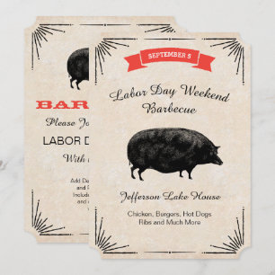Convite Dia do Trabalho Churrasco Picnic Preto Porco Vinta