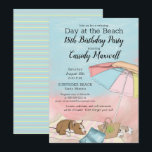 Convite Dia do Verão na praia 18ª Festa de aniversário<br><div class="desc">Celebre o verão e seu aniversário com um dia na praia (ou apenas ao lado do poolside e você pode fingir) com esta design de festa de aniversário "Dia na Praia" que pode ser personalizada para qualquer idade. Possui um céu aquoso com um guarda-chuva colorido de praia, uma toalha de...</div>
