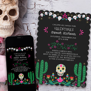 Convite Dia dos Mortos Caveiras Florais Sweet 16