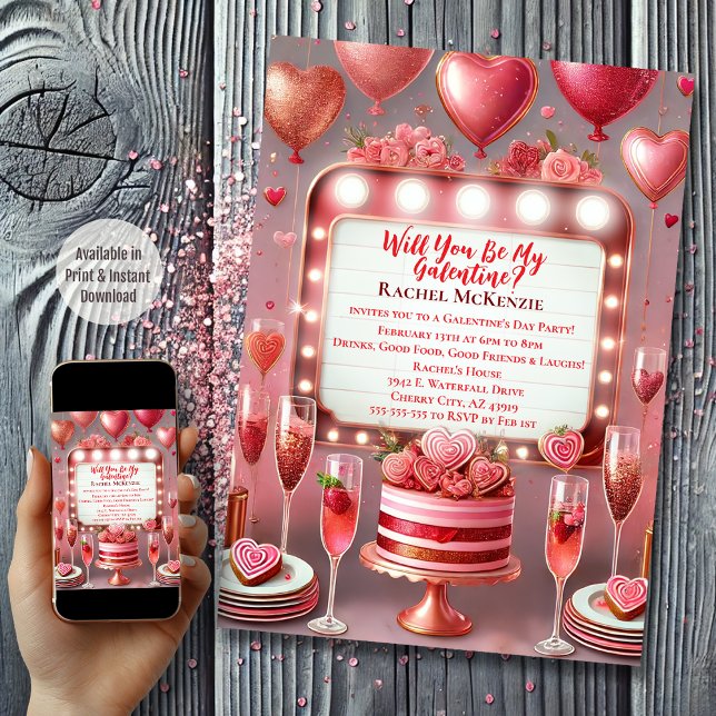 Convite Dia Glamoroso Rosa e Celebração Vermelha Galentina (Marquee Galentine's Day)