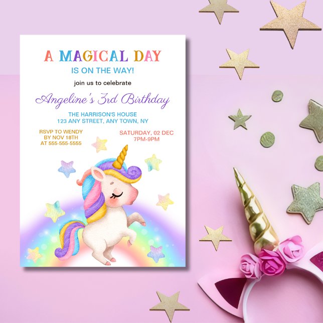 Convite Dia Mágico Arco-íris Estrelas Unicórnio Aniversári (Criador carregado)